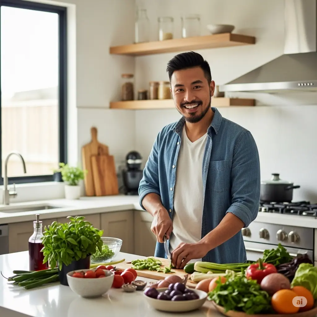 Personne préparant un repas sain dans une cuisine moderne