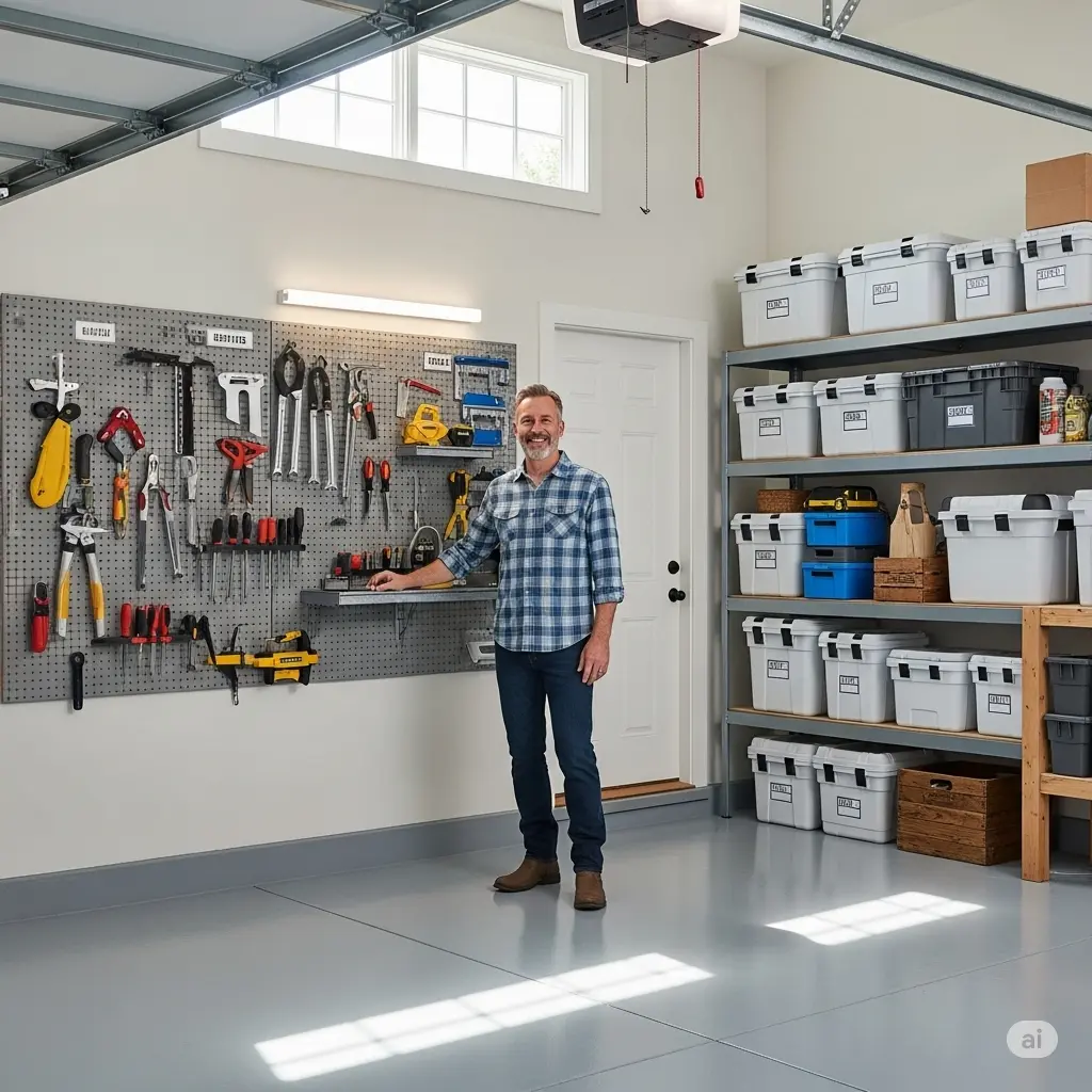 Espace de garage ou de grenier bien rangé et désencombré.