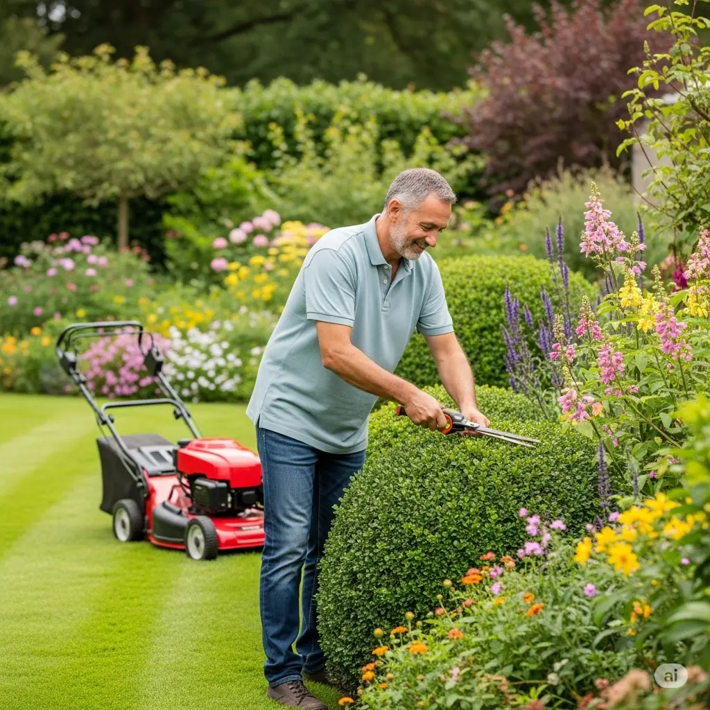 Paysagiste professionnel taillant une haie avec précision