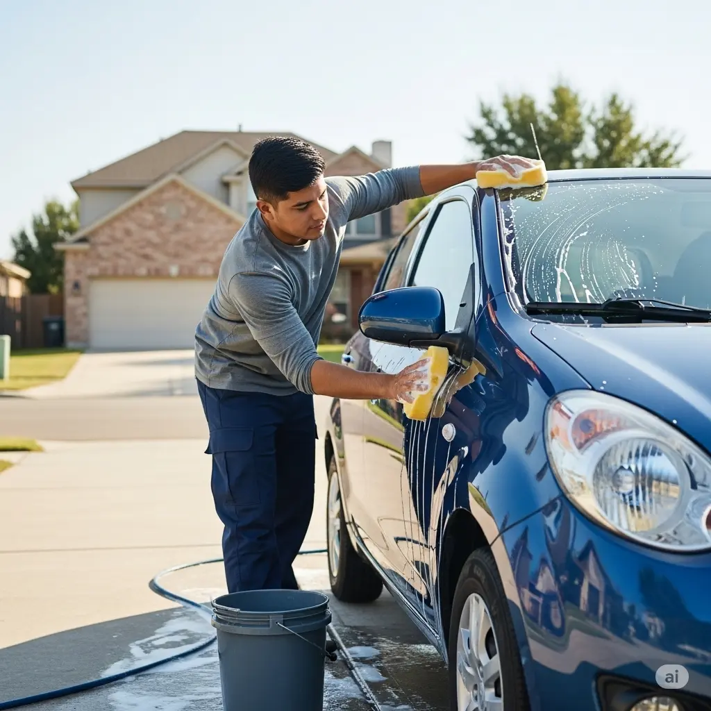 Personne lavant une voiture avec soin à domicile.